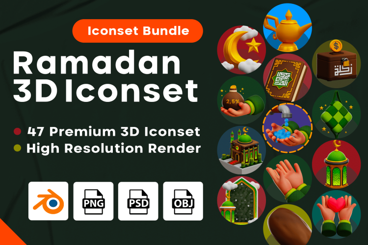 Ramadan Kareem 3D Iconset 47款高级伊斯兰穆斯林斋月节日主题3D立体图标Icons设计素材合集