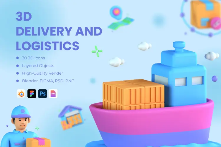 30 3D Shipping Logistics Icons 30款商场购物航运快递物流货物配送3D立体图标Icons设计素材