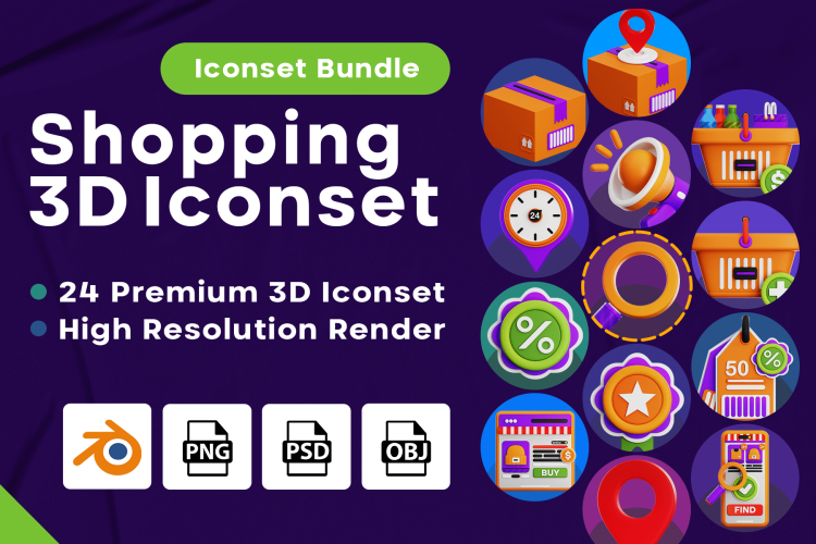 Shopping 3D Iconset 24个高级有趣电子商务购物商城3D图标Icons设计素材包