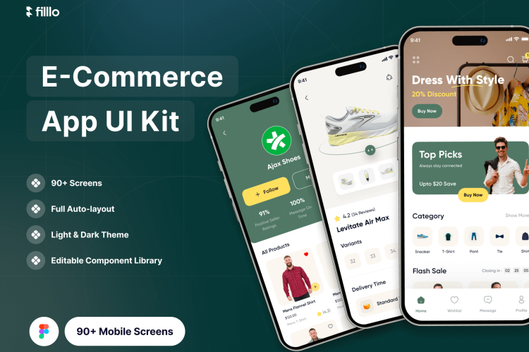 Filllo E-commerce App UI Kit 90+屏时尚电子商务在线购物商城软件APP界面设计Figma模板素材