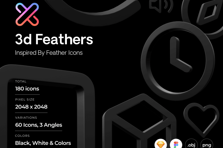 Feather Icon 3D Pack 黑白3D立体演示文稿UI界面设计图标icons设计素材