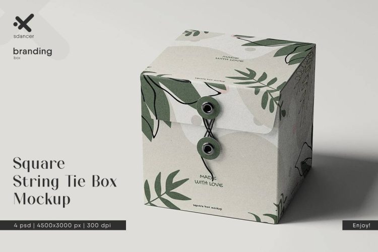 Square String Tie Box Mockup 4款时尚方形绳子领带产品包装纸盒外观设计展示贴图PSD样机模板素材