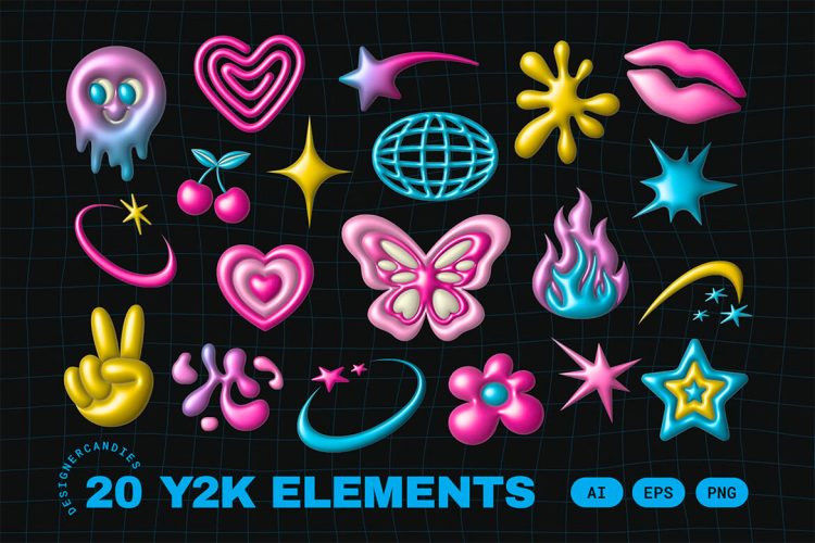 Y2K Elements Set 20款复古y2k怀旧几何浮雕装饰图形插图插画设计素材png免抠图片