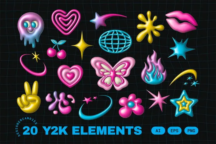 Y2K Elements Set 20款复古y2k怀旧几何浮雕装饰图形插图插画设计素材webp免抠图片