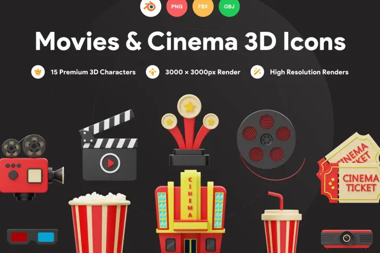 Cinema And Movie 3D Icon 15款电影院放映观影设备营销演示插图插画设计素材webp免抠图片