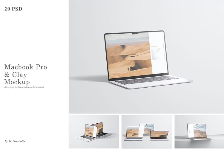 Macbook Pro & Clay Mockup 20款Macbook笔记本网页ui界面设计作品贴图ps样机素材展示效果图