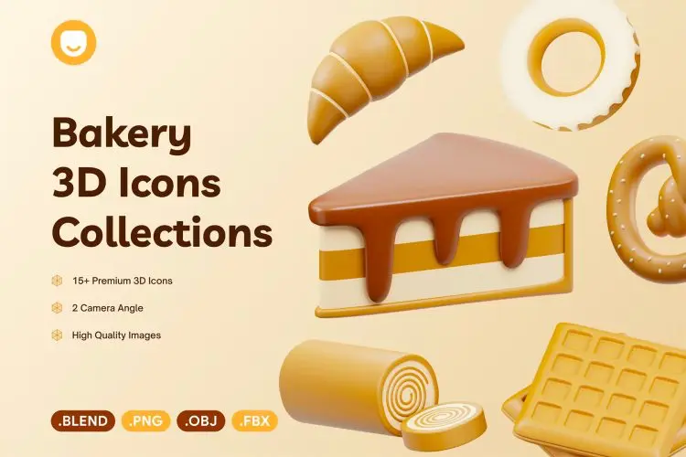 Bakery 3D Icon 15款面包甜点蛋糕店营销展示3D图标icon设计素材webp免抠图片