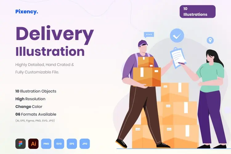 Delivery Service Illustration 10款扁平矢量快递邮递配送上门服务场景人物插画图片设计webp免抠图素材