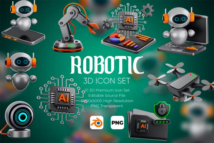 Robotic 3D Icon Set 10款AI人工智能机器人机械臂3D图标