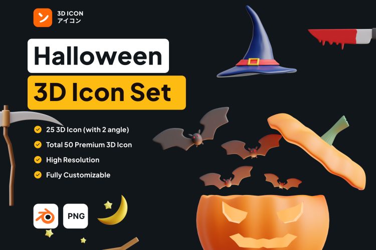 Halloween 3D Icon Set 25款3D卡通趣味万圣节南瓜骷髅插图插画png免抠icon图标设计素材