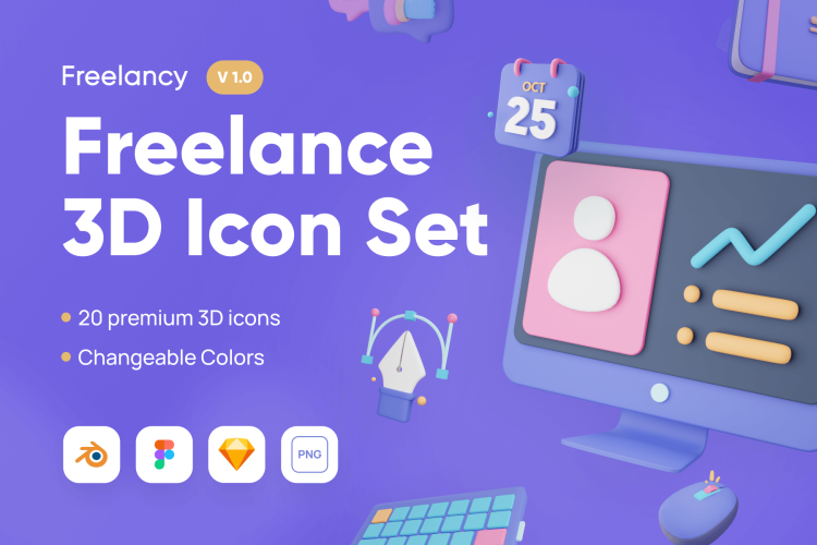 Freelancy – Freelance 3D Icon Set 高清创意卡通办公用品3D模型图标icon设计sketch素材模板