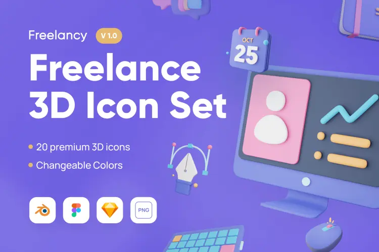 Freelancy – Freelance 3D Icon Set 高清创意卡通办公用品3D模型图标icon设计sketch素材模板