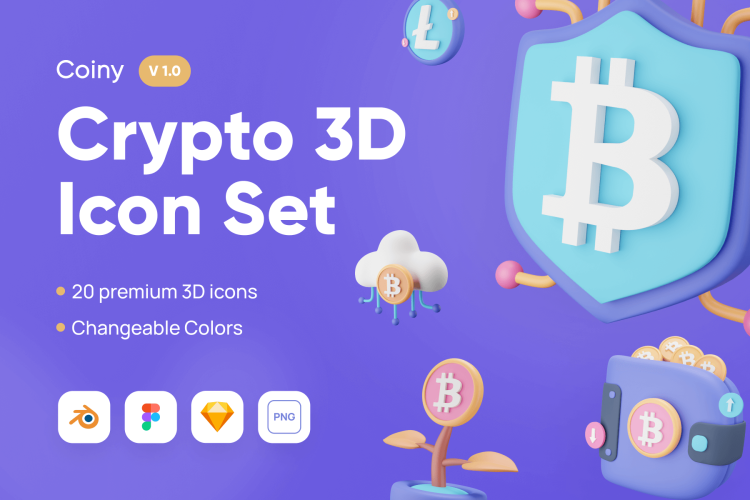 Coiny – Crypto 3D Icon Set 金融科技银行类3D模型设计3D区块连加密货币icon图标sketch素材