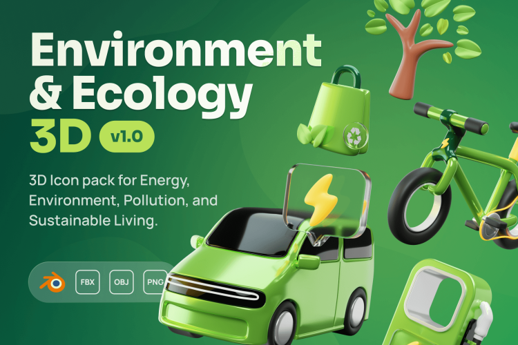 Greeny – Environment & Ecology 3D Icon Set 20款3D立体卡通绿色环保生态清洁新能源电池插图插画png免抠素材