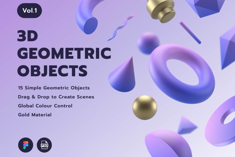 3D Geometric Objects Vol.1 高清金属质感几何图形3D模型图标设计素材合集