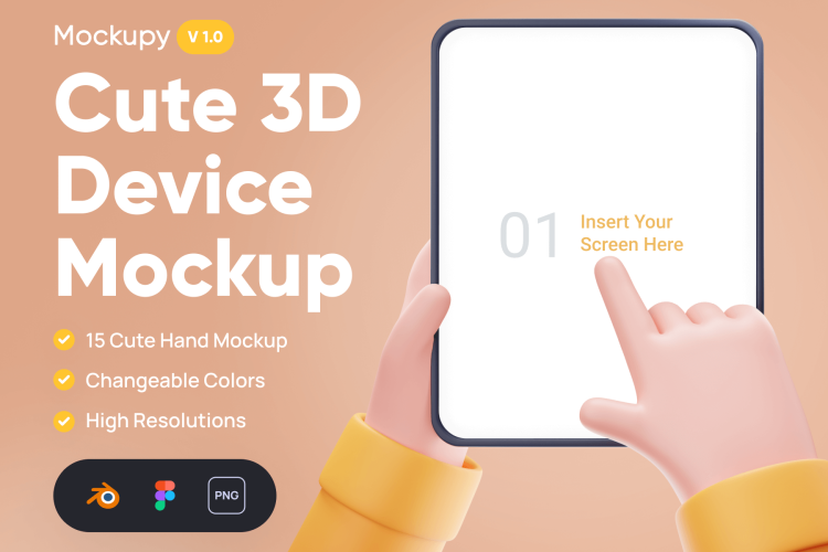 Mockupy – Cute 3D Device Mockup 15个精致可爱的3D手捧手势手握平板电脑手机操作模型png免抠图设计素材