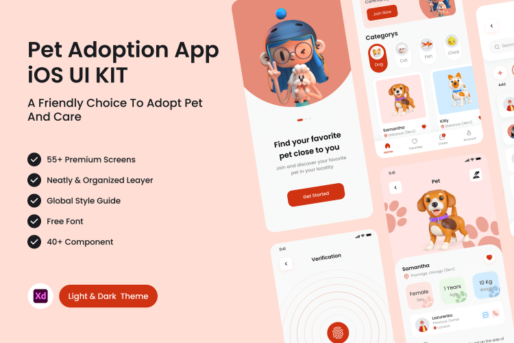 Pet Adoption App 55+屏时尚宠物在线交易领养商店电商APP界面设计XD模板素材