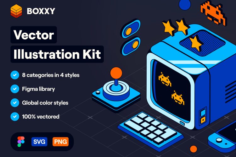 BOXXY Vector Illustration Kit 潮流时尚等距立方体医疗电商音乐游戏影视办公插图插画设计素材