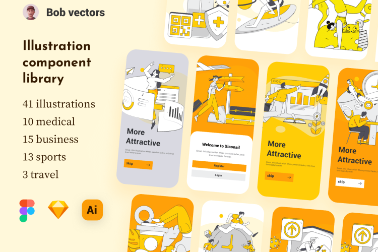 41 line flat vector illustrations 41幅影视制作健康医疗瑜伽健身锻炼营销演示插图插画设计素材