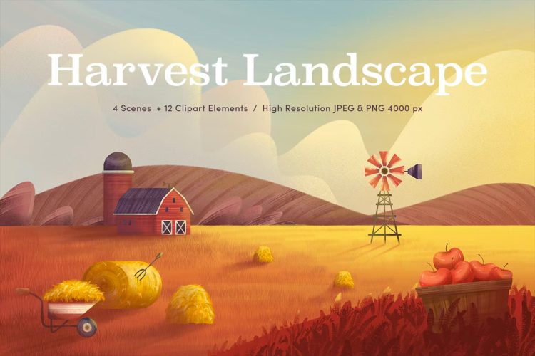 Harvest Landscape Illustrations Set 12幅农业丰收乡村建筑农具插图插画psd分层设计素材png免抠图片