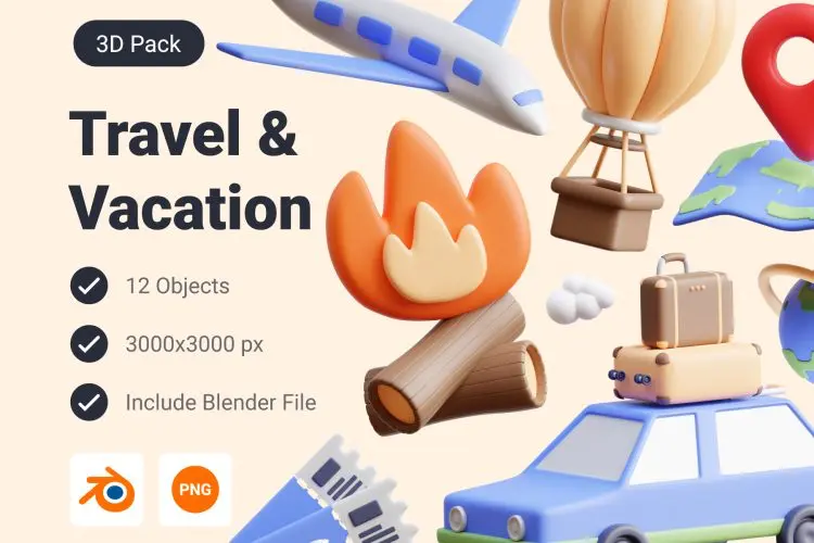 Travel & Vacation 3D Icon Pack 12款3D立体趣味卡通露营旅行度假旅游插图插画webp免抠图片素材
