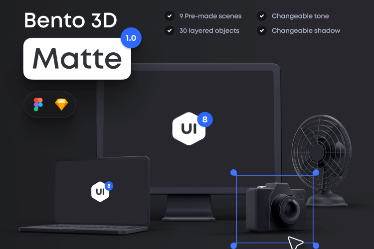 Bento Matte 1.0 质感黑色哑光3D立体桌面文具摆件数码产品插图插画图标设计素材