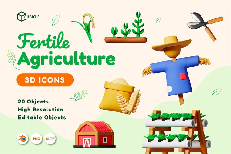 Cubicle – Agriculture 3D Icons 20款农场农业农具有机种植丰收营销演示3D图标icon设计素材png免抠图片