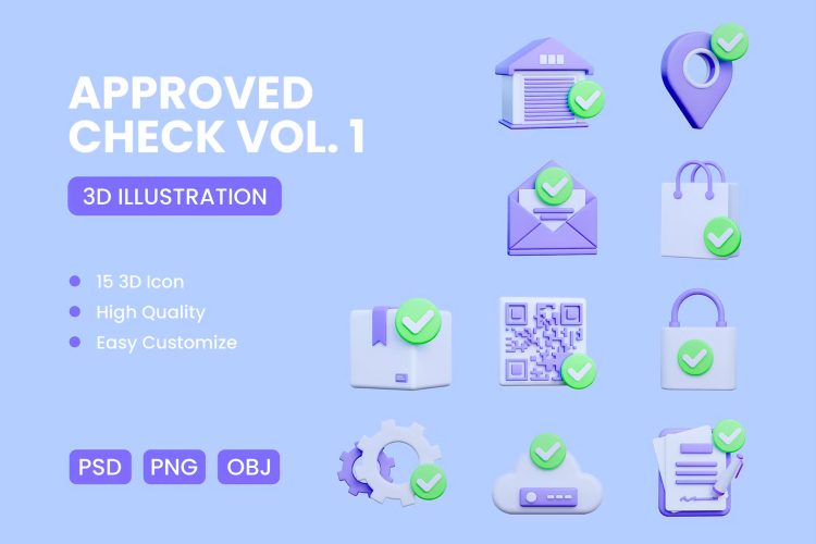 Approved 3D Icon Pack VOL. 1 15款操作设置成功确认类3D图标icon设计素材png免抠图片