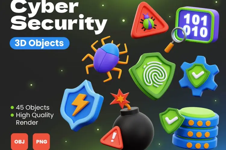 Cyber Security 3D Objects 45款3D卡通网络安全病毒防火墙指纹解锁插图插画webp免抠图片素材