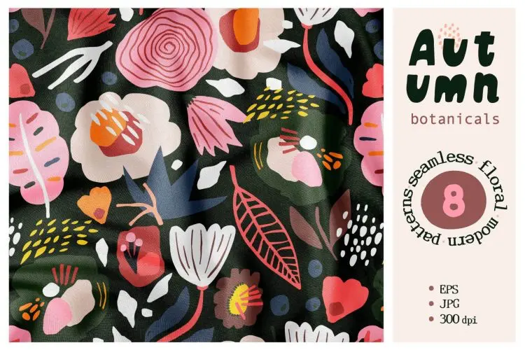 Autumn botanicals collection 8款时尚艺术抽象秋季植物花卉无缝拼接纹样图案印花底纹设计素材