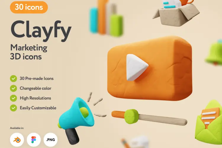 Clayfy Marketing 3D Icons 30款趣味卡通创意粘土橡皮泥彩泥营销icon图标webp免抠图片素材