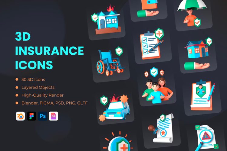 3D Insurance Icons 30款健康保险商业保险人寿保险养老保险代理人图标icon