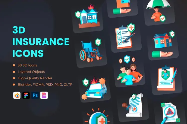 3D Insurance Icons 30款健康保险商业保险人寿保险养老保险代理人图标icon