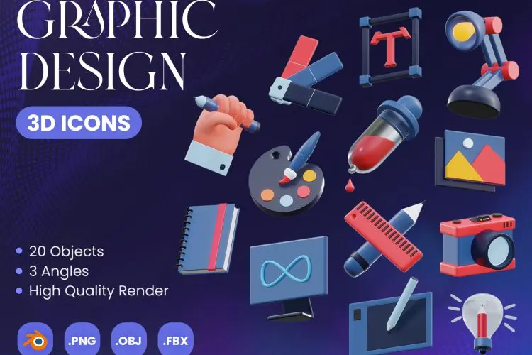 Graphic Design 3D Icons 20款高清趣味卡通3D办公文具绘画制图icon图标webp免抠素材