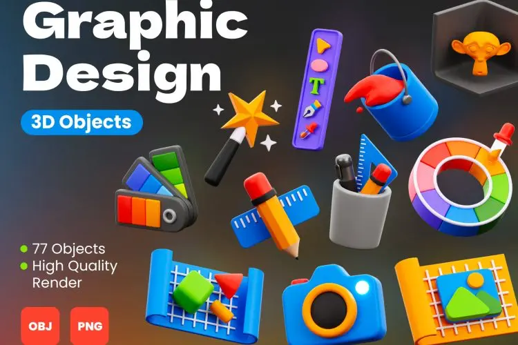 3D Graphic Design 77款3D创意卡通趣味平面设计艺术绘画插画插图webp免抠图片素材