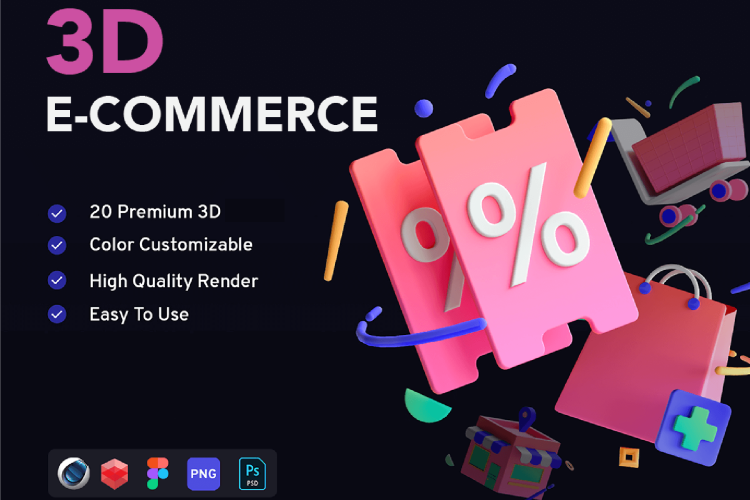 3D E-Commerce Pack 20款趣味时尚卡通电商购物大促创意3D立体icon图标设计素材源文件