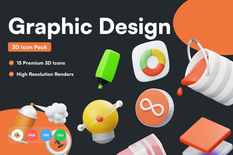 Graphic Design 3D Icon 15款办公文具类场景插图3D等距图标icon素材png免抠图