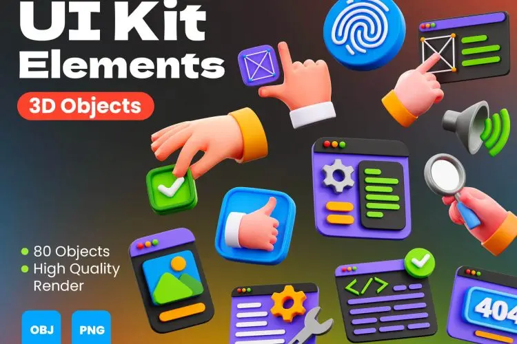 3D UI Kit Elements 80款3D卡通网页工具栏菜单ui应用icon图标webp免抠图片设计素材