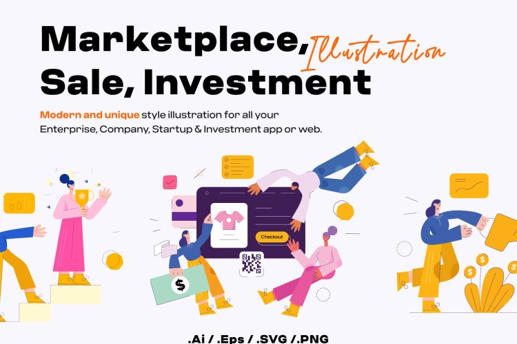 Marketplace,Sale, Investment Illustration 15款扁平化金融投资市场销售创意概念人物插图插画设计素材源文件