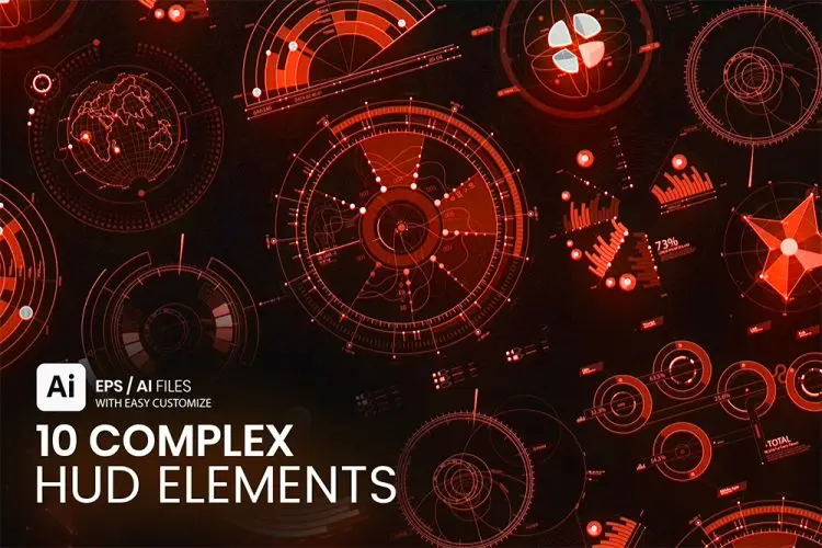 Complex HUD Elements 10款未来科幻电竞游戏HUD仪表盘数据可视化图表样式ai设计素材