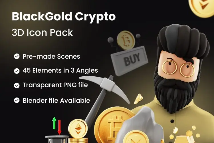 BlackGold – Cryptocurrency 3D Icon Pack 250款3D立体卡通金融数字加密货币icon图标webp免抠图片设计素材