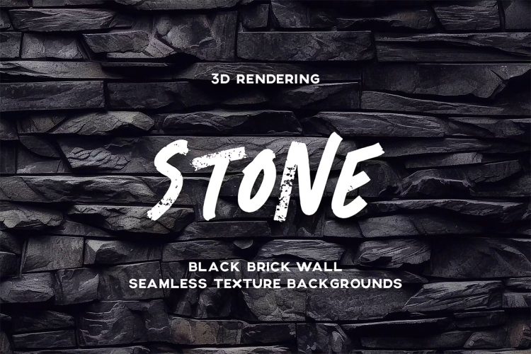 Black Stone Wall Seamless Texture Backgrounds 3D立体黑色石墙砖墙无缝纹理背景图片设计素材 10P