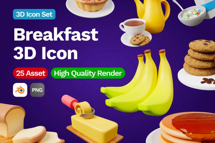 3D Breakfast Icon 25款卡通创意早餐食品食物水果3D立体图标Icons设计素材