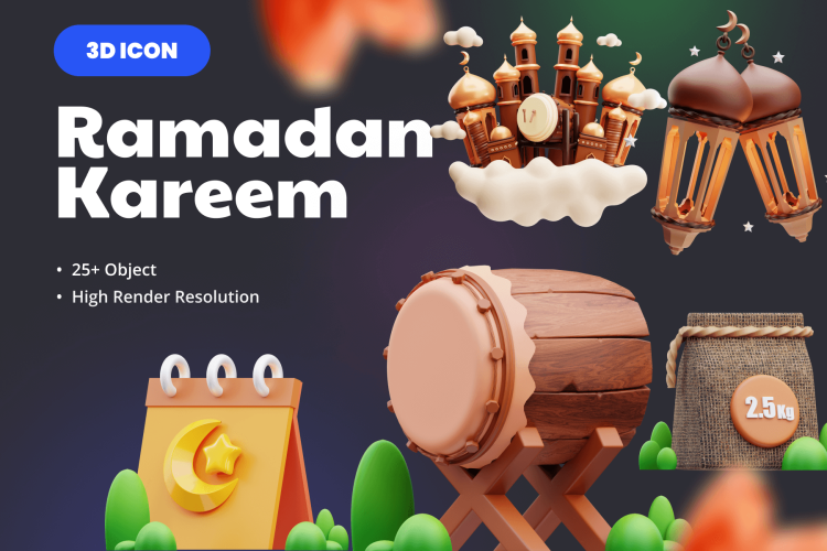 Ramadan 3D Icons 25+款高级穆斯林阿拉伯风斋月节主题3D三维图标Icons设计素材