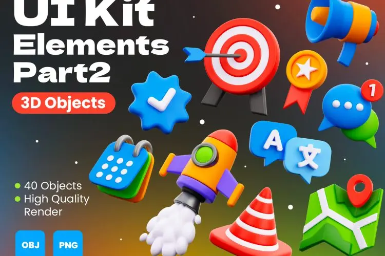 3D UI Kit Elements Part 2 40款3D卡通网页工具栏菜单ui应用icon图标webp免抠图片设计素材