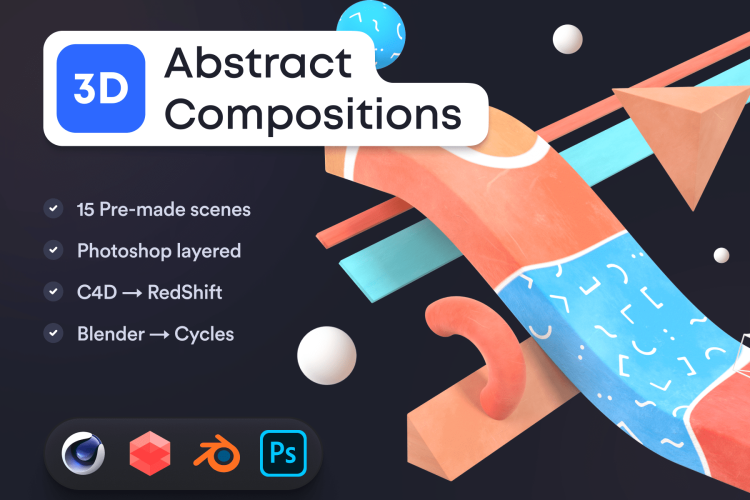 3D Abstract Compositions 3D高清抽象几何图形插画图片,3D积木模型插画设计PSD素材模板