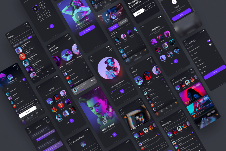 Music app UI Kit 128屏4套配色简约时尚音乐播放器App应用程序ui界面设计fig素材模版