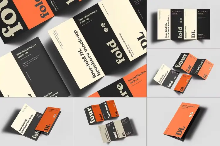 Four-Fold DL Brochure Mockup 8款四折页广告传单手册邀请函设计作品贴图ps样机素材展示效果图