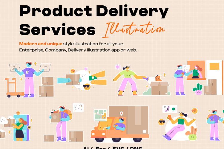 Product Delivery Services 20款扁平化创意潮流趣味物流快递电商购物人物插图插画ai设计素材