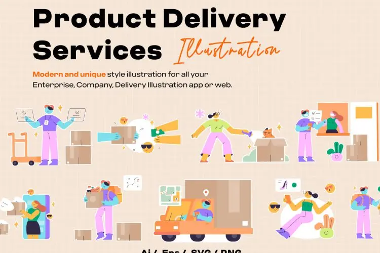 Product Delivery Services 20款扁平化创意潮流趣味物流快递电商购物人物插图插画ai设计素材